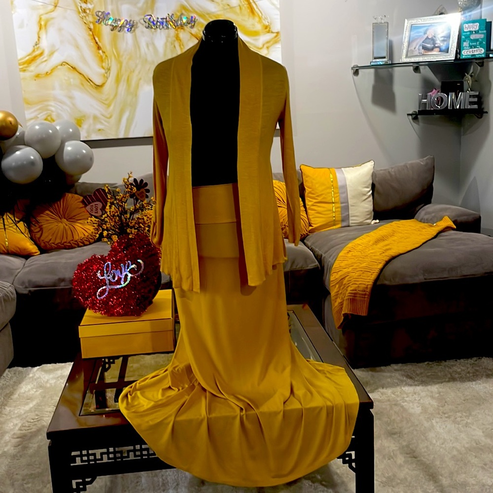 2-piece cardigan size Small with skirt/dress size medium Mustard color
